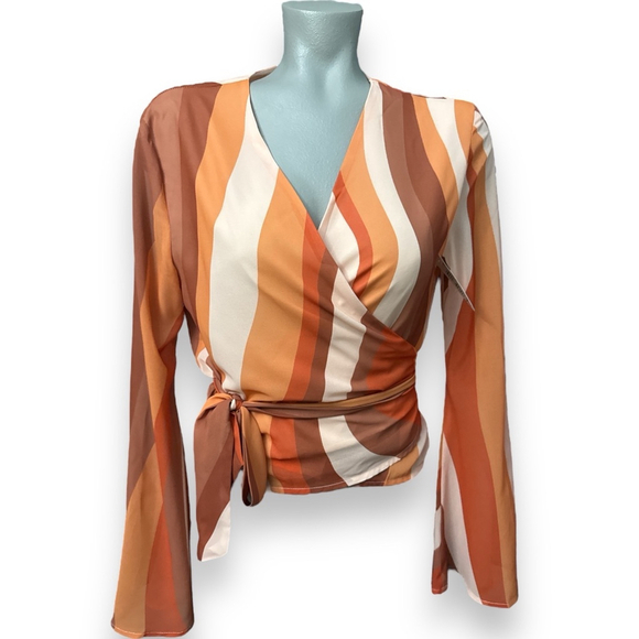 Pink Lily Tops - Pink Lily LIVE YOUR BEST LIFE RUST PRINTED LONG SLEEVE WRAP Blouse, Size S,
